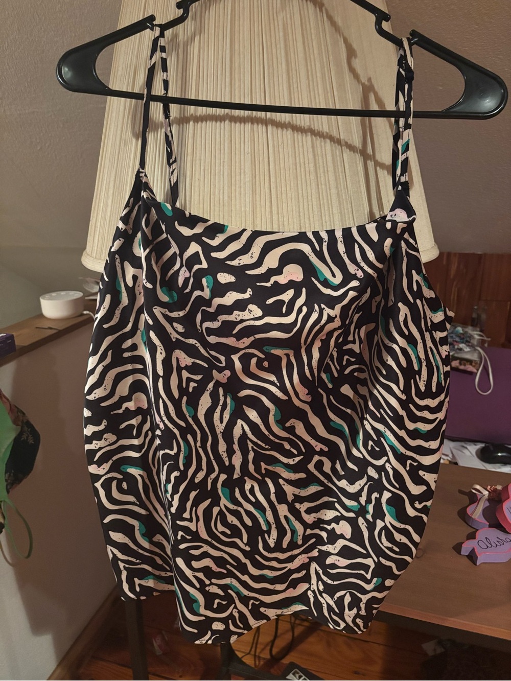 Nine West Black Satin Cowl Neck Tank with Teal & Beige Abstract Print